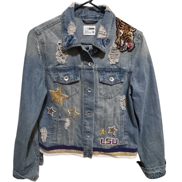 LSU Tigers Denim Jean Jacket Long Sleeve Button Down Gameday Women Sz M - Picture 1 of 14